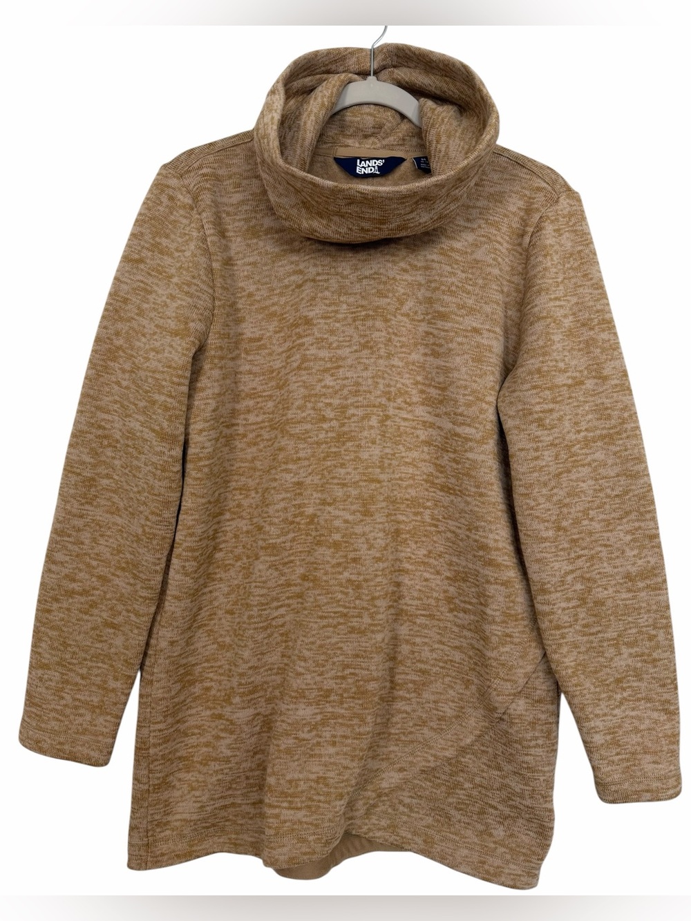 Lands End Cowl Neck Fleece Tunic Pullover Camel Heather Size Medium (10-12)